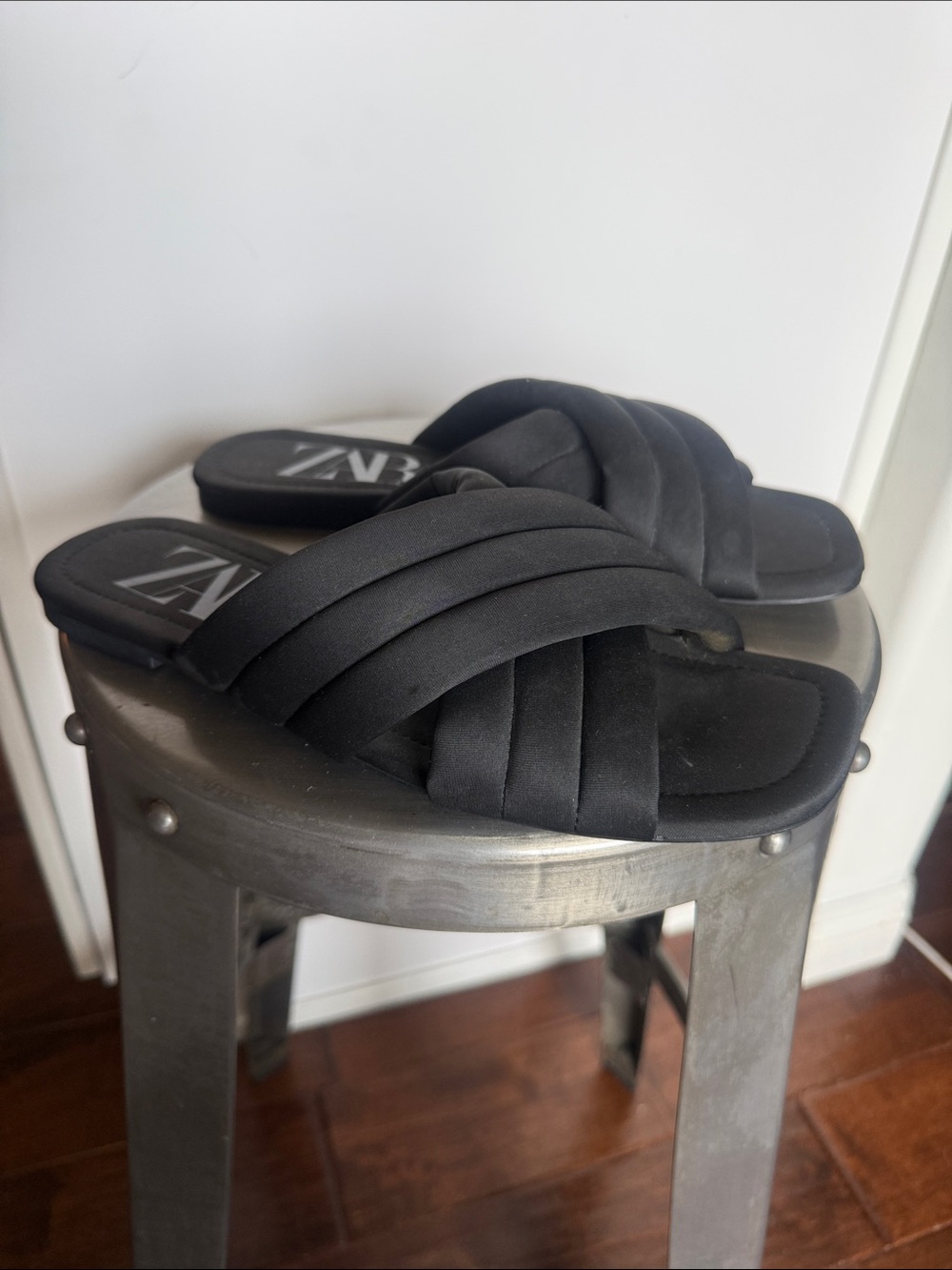 Zara Black Quilted Cross-Strap Slide Sandals - Women's